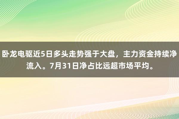 卧龙电驱近5日多头走势强于大盘，主力资金持续净流入。7月31日净占比远超市场平均。